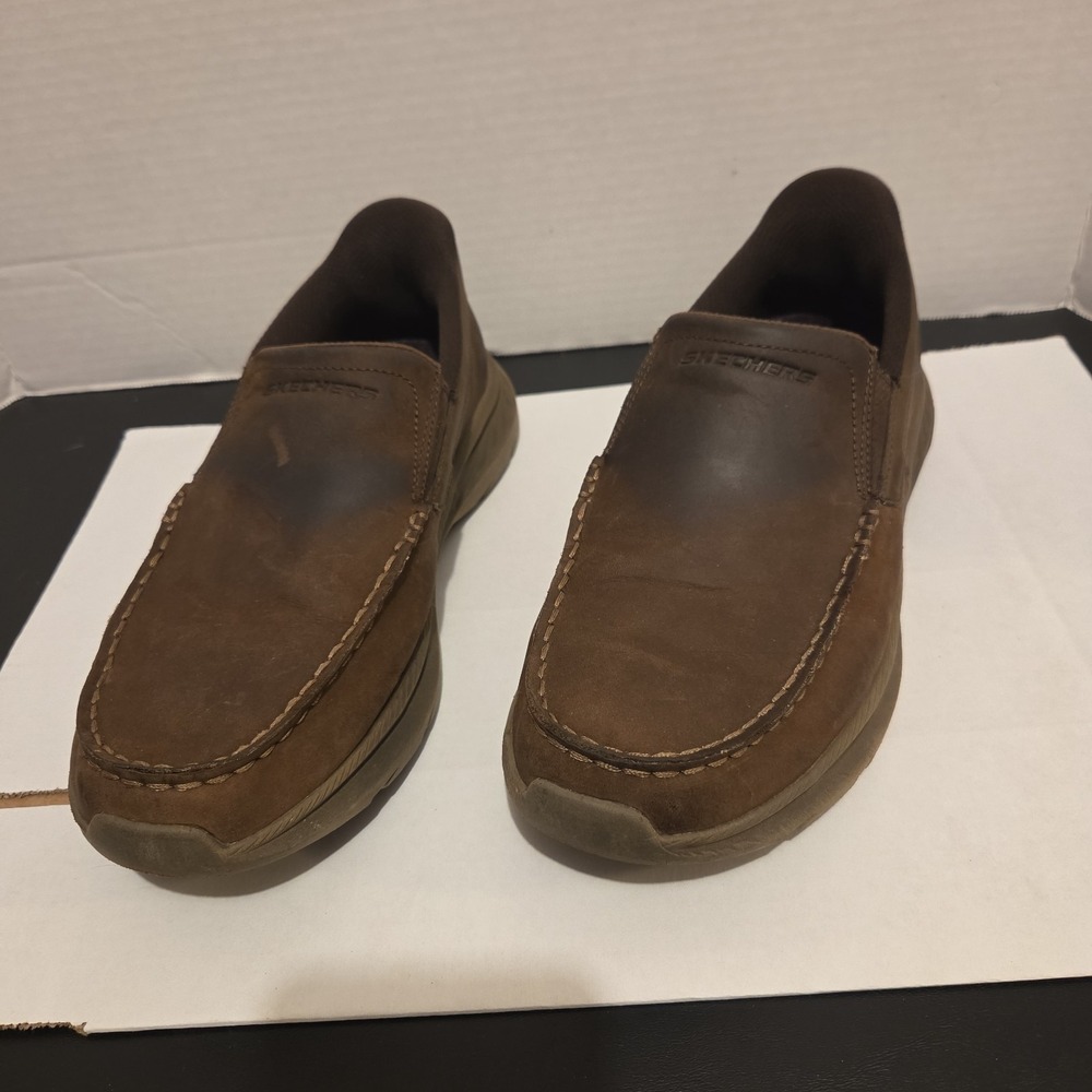 Skechers Pollard-Osgood Brown Leather Memory Slip-ins Loafer Shoes Men's Sz 8.5